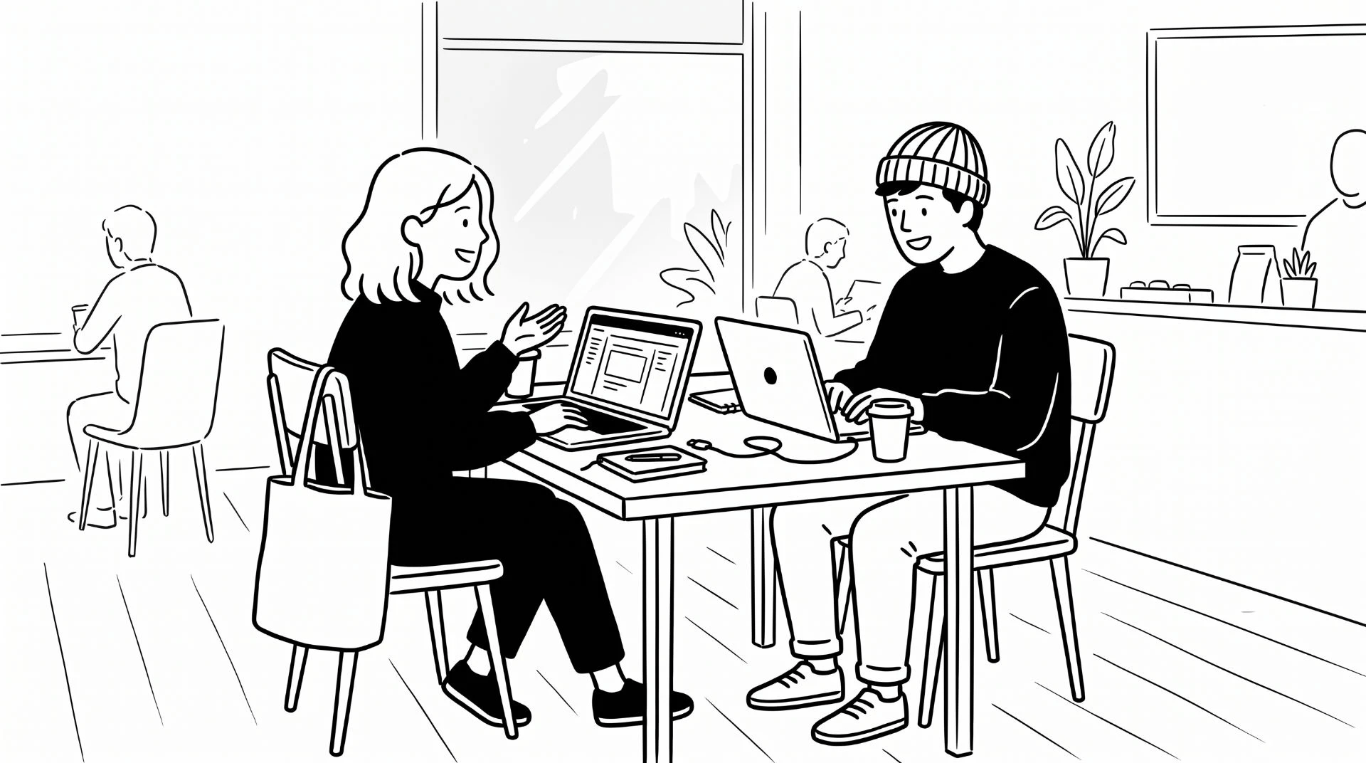 Illustration of a coffee meeting with laptops