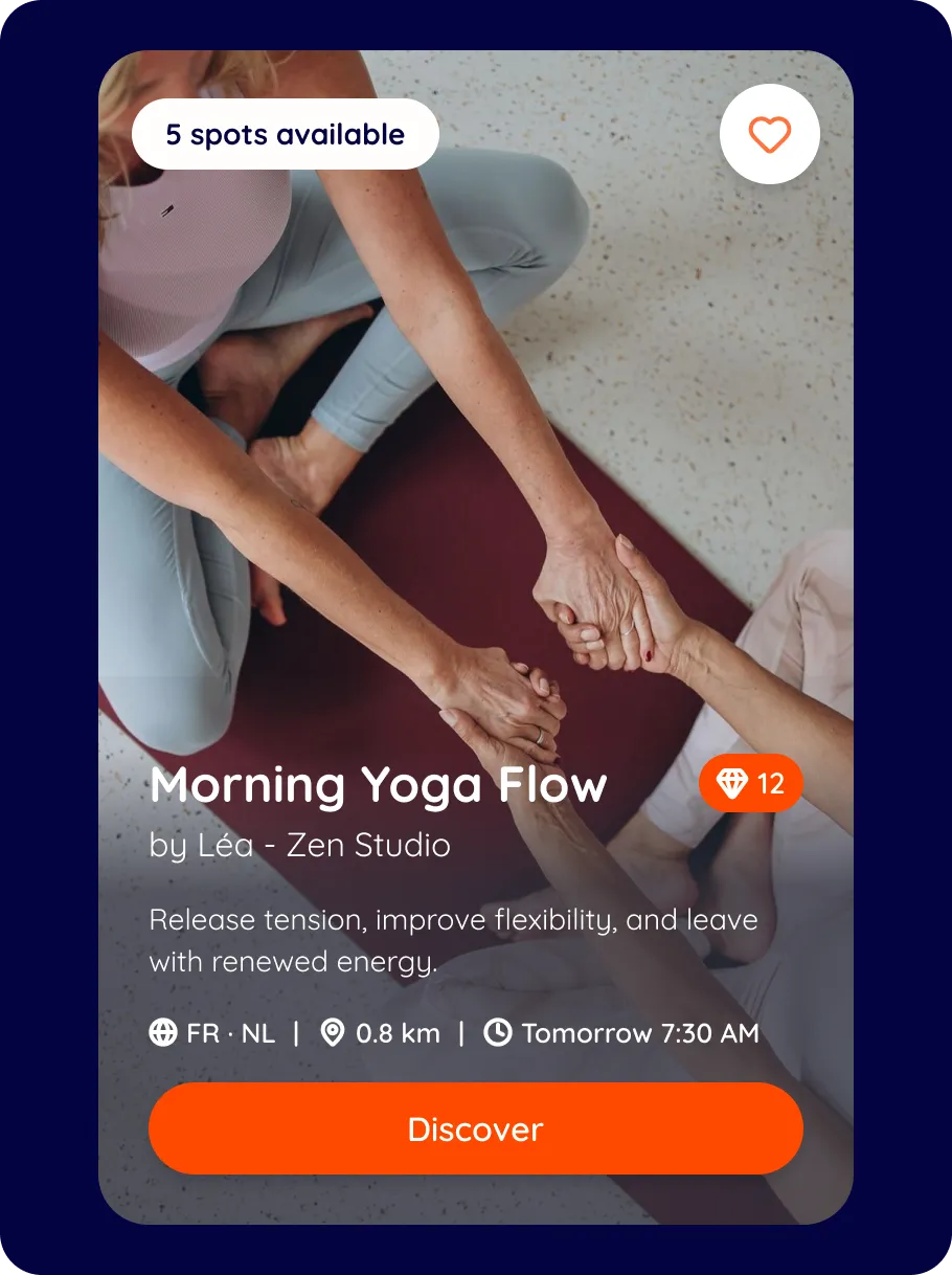 AI-generated mobile app screen: a yoga class card with spots available, a discover button and schedule details