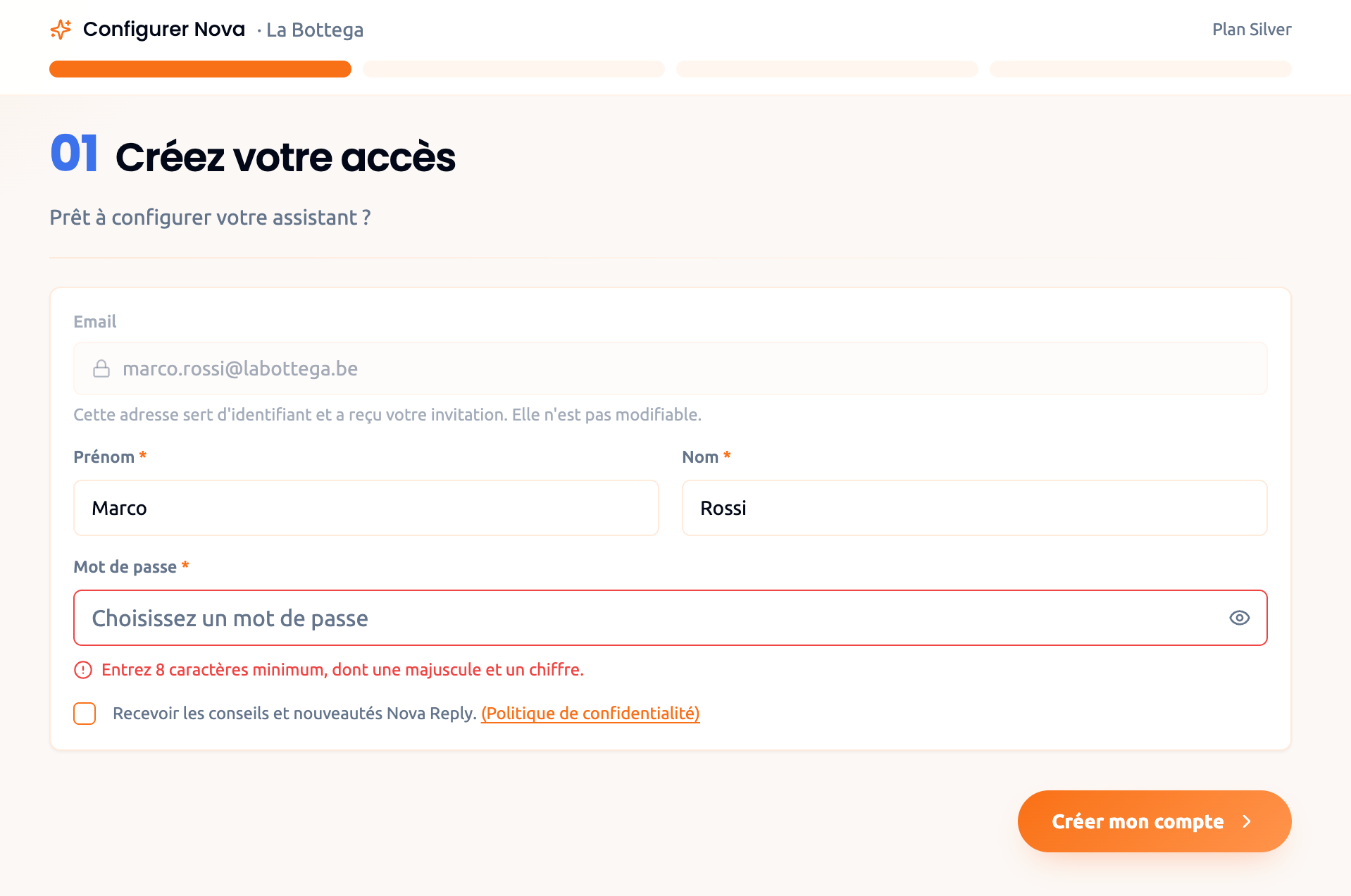 Nova Reply onboarding step 1: account creation form with an inline password error and a privacy policy opt-in