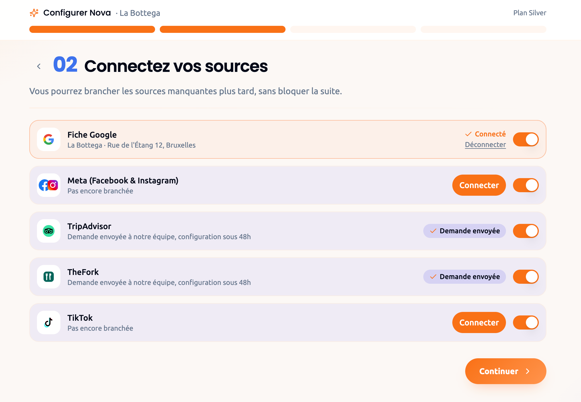 Nova Reply onboarding step 2: connecting Google Business Profile, Meta, TripAdvisor, TheFork and TikTok
