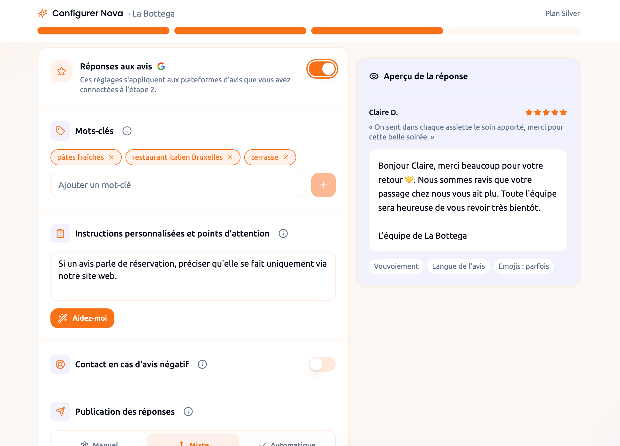 Nova Reply onboarding step 3: review reply settings with keywords, custom instructions and a live preview of a reply