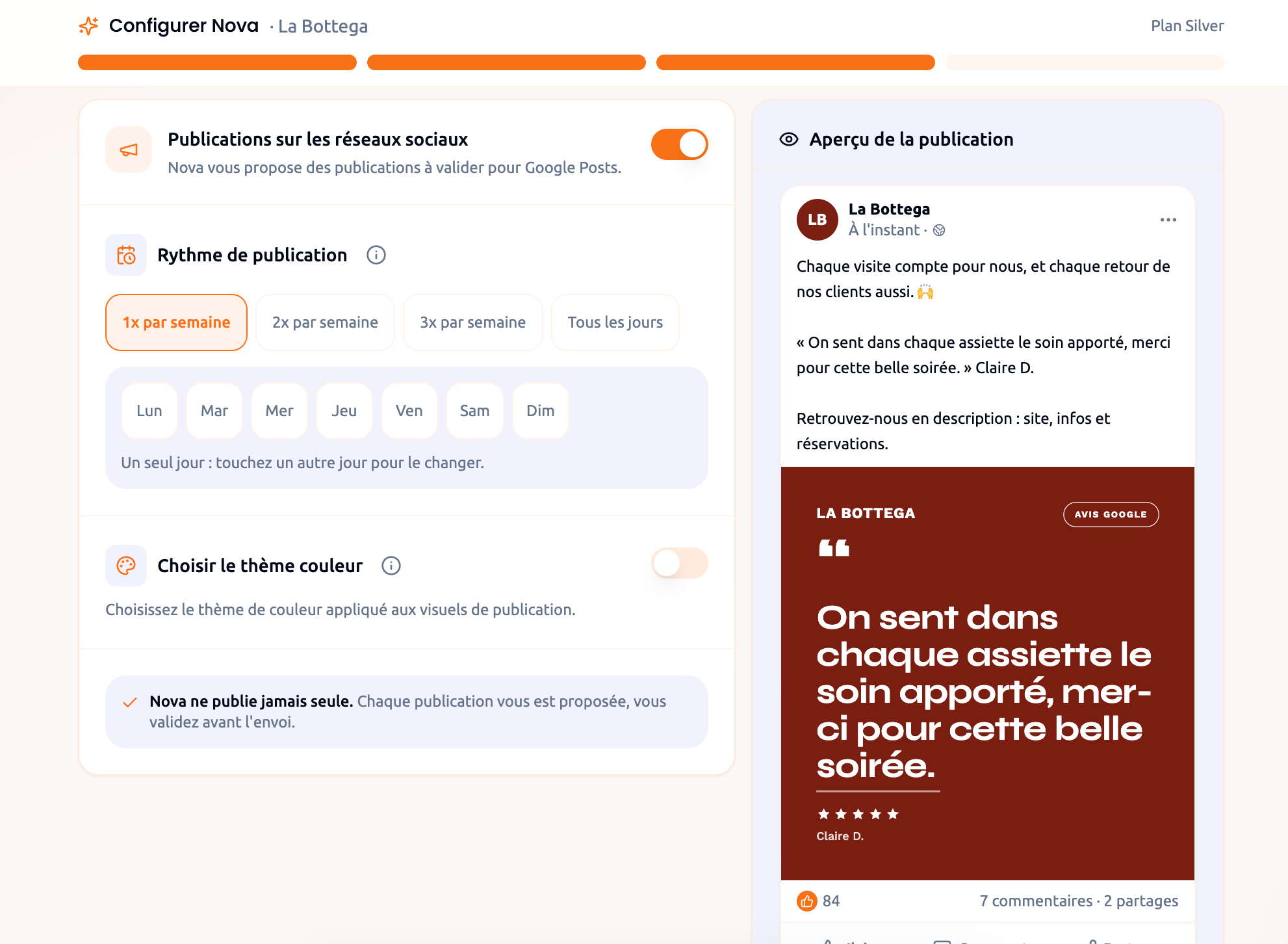 Nova Reply onboarding step 3: social post frequency and colour theme, next to a live preview of a Facebook post