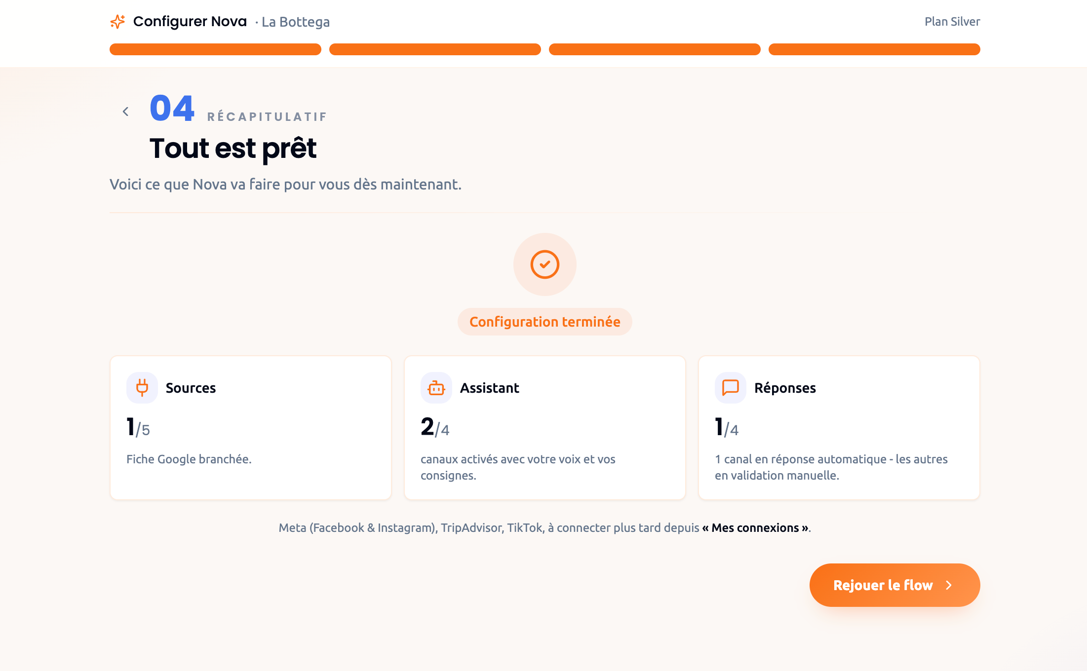 Nova Reply onboarding step 4: a summary confirming the configuration is complete