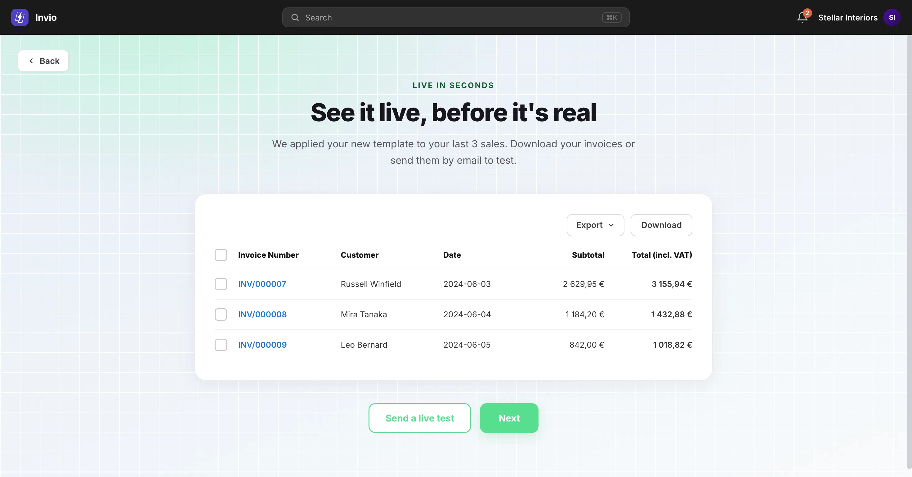Invio onboarding step: live preview of a generated invoice with QR payment code