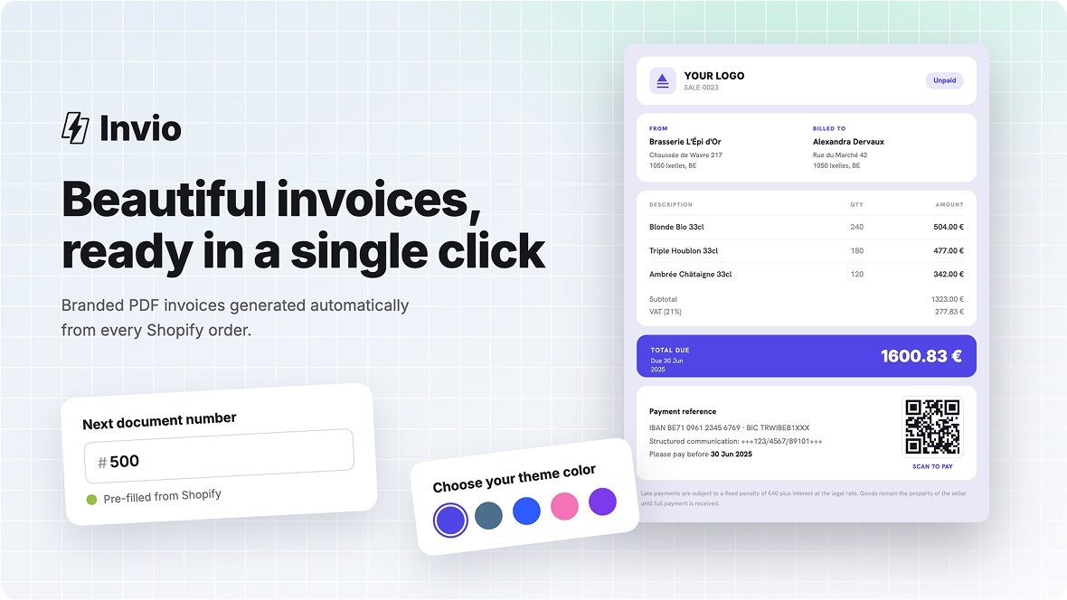 Invio: a branded invoice preview with a theme colour picker and an automatic document number