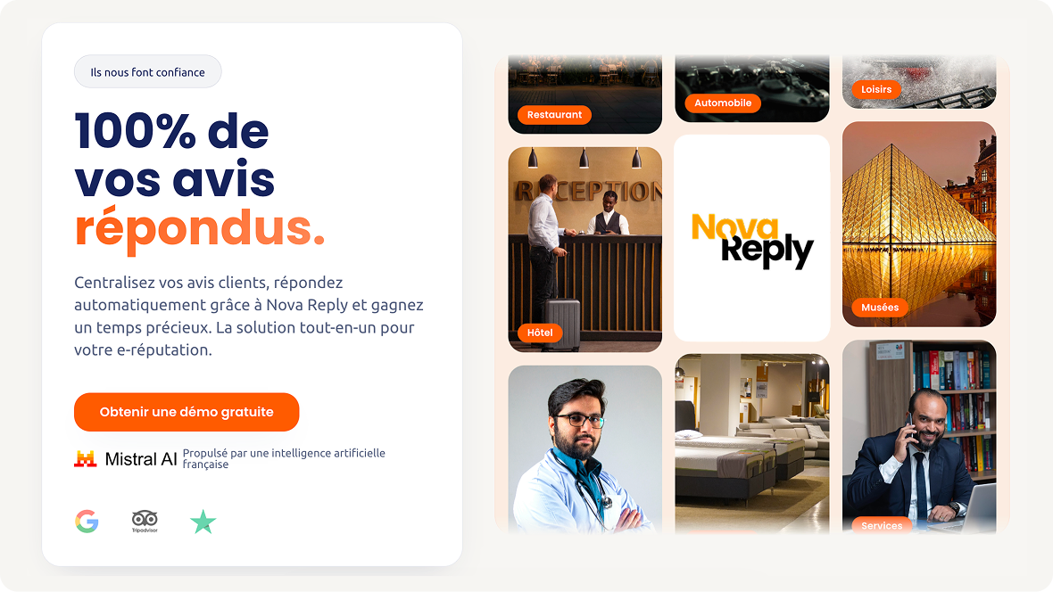 Nova Reply landing page: “100% of your reviews answered”, next to a grid of business types