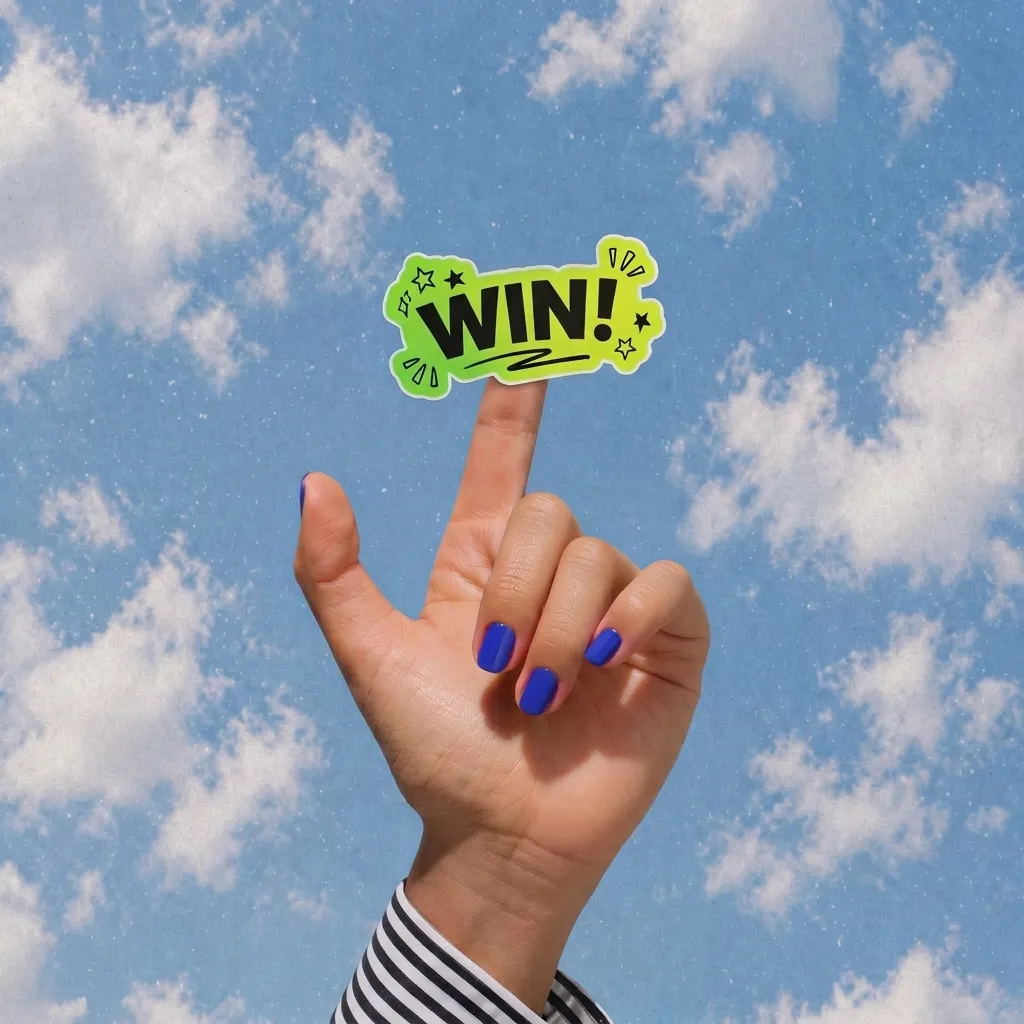 Une main au milieu d'un ciel bleu parsemé de nuages, le doigt levé, qui porte un autocollant vert « WIN ! »