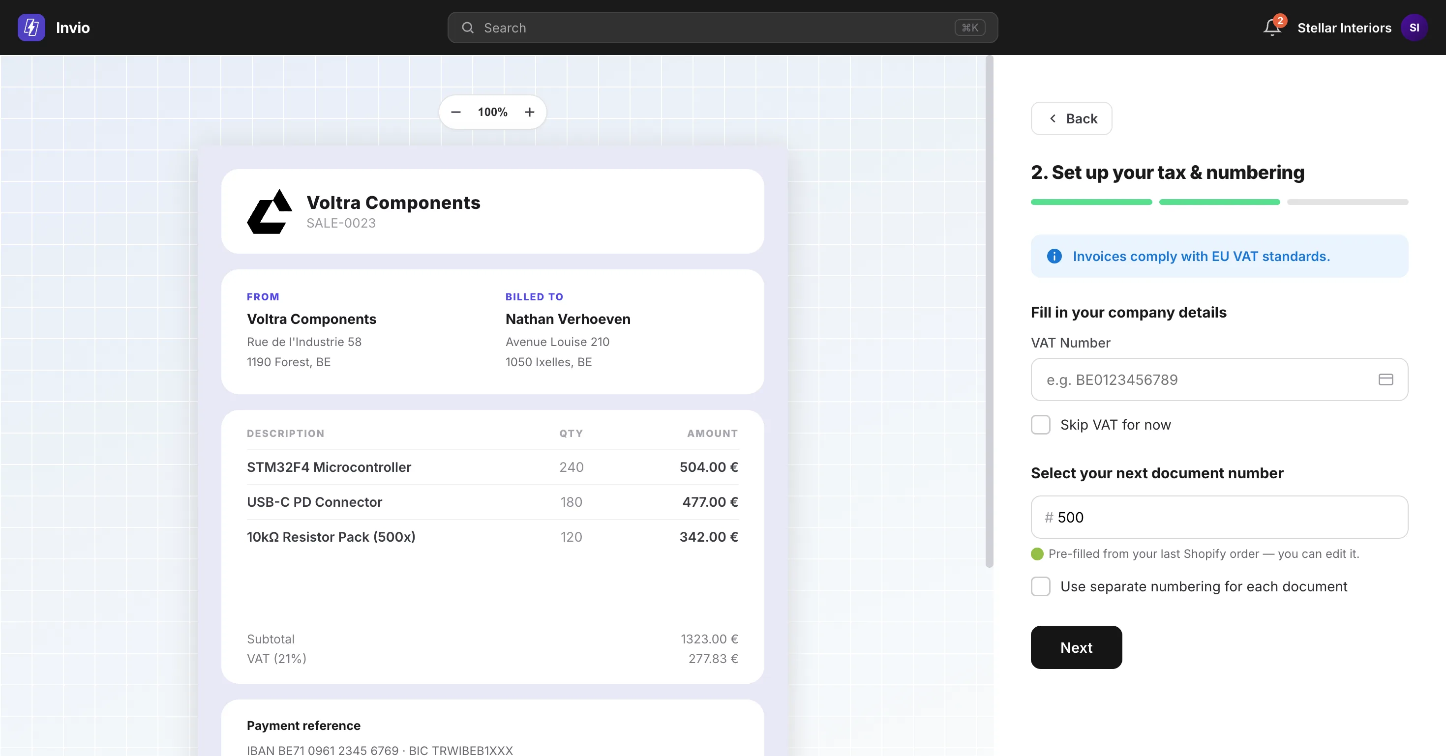 VAT & Numbering screenshot