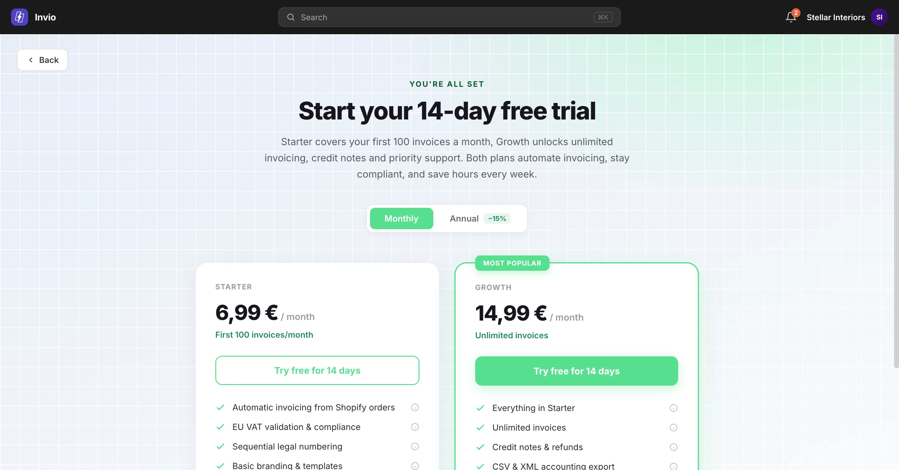 Activating the 14-day Trial screenshot