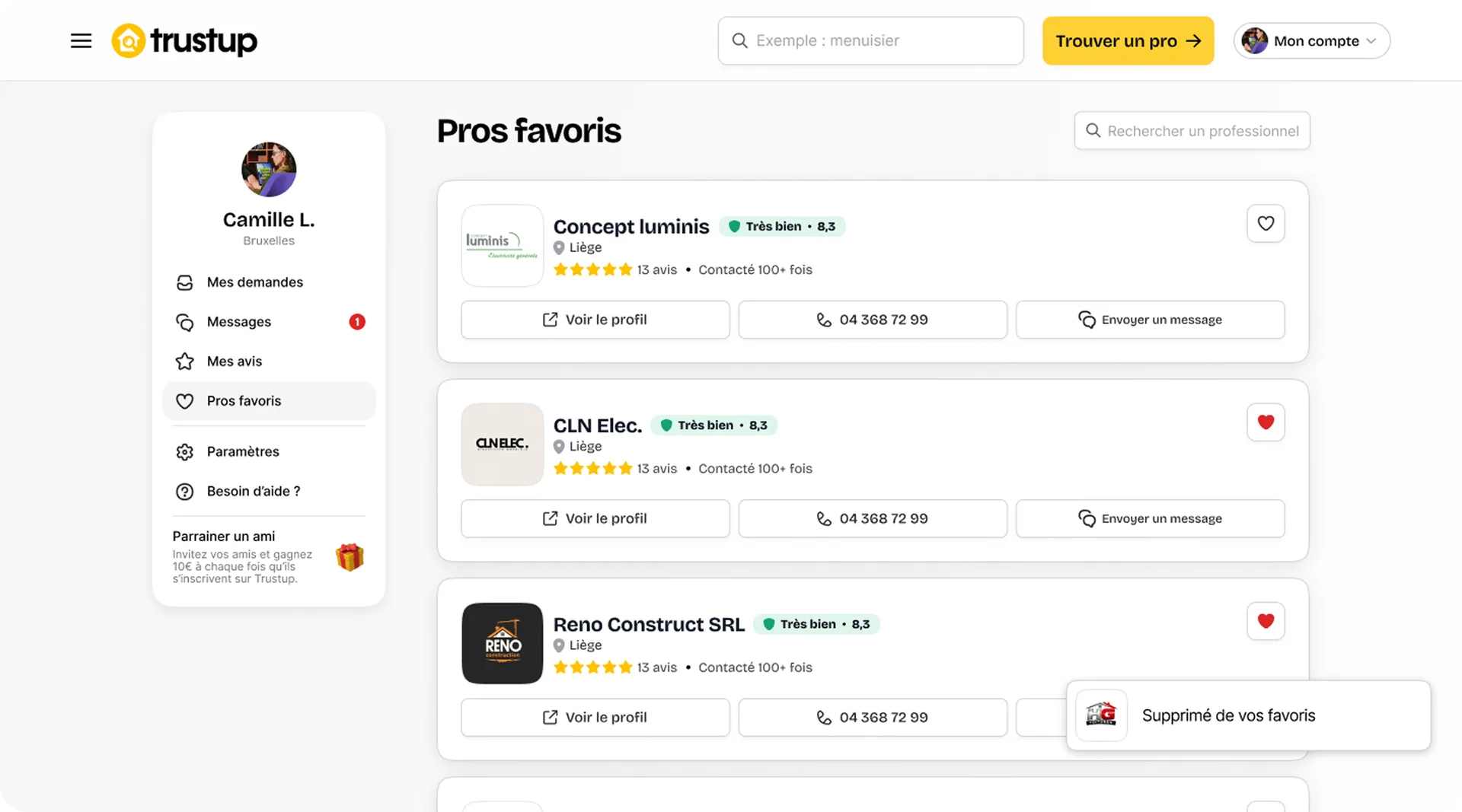 Capture de l'app Trustup — Pros favoris
